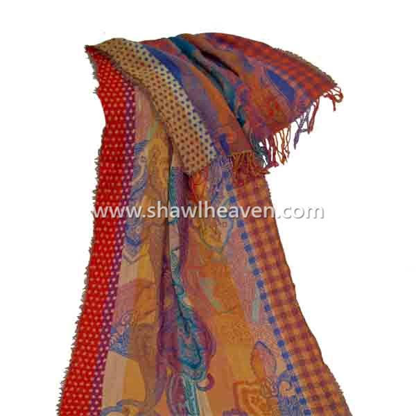 Polka paisley check wool shawl scarf with frayed edges